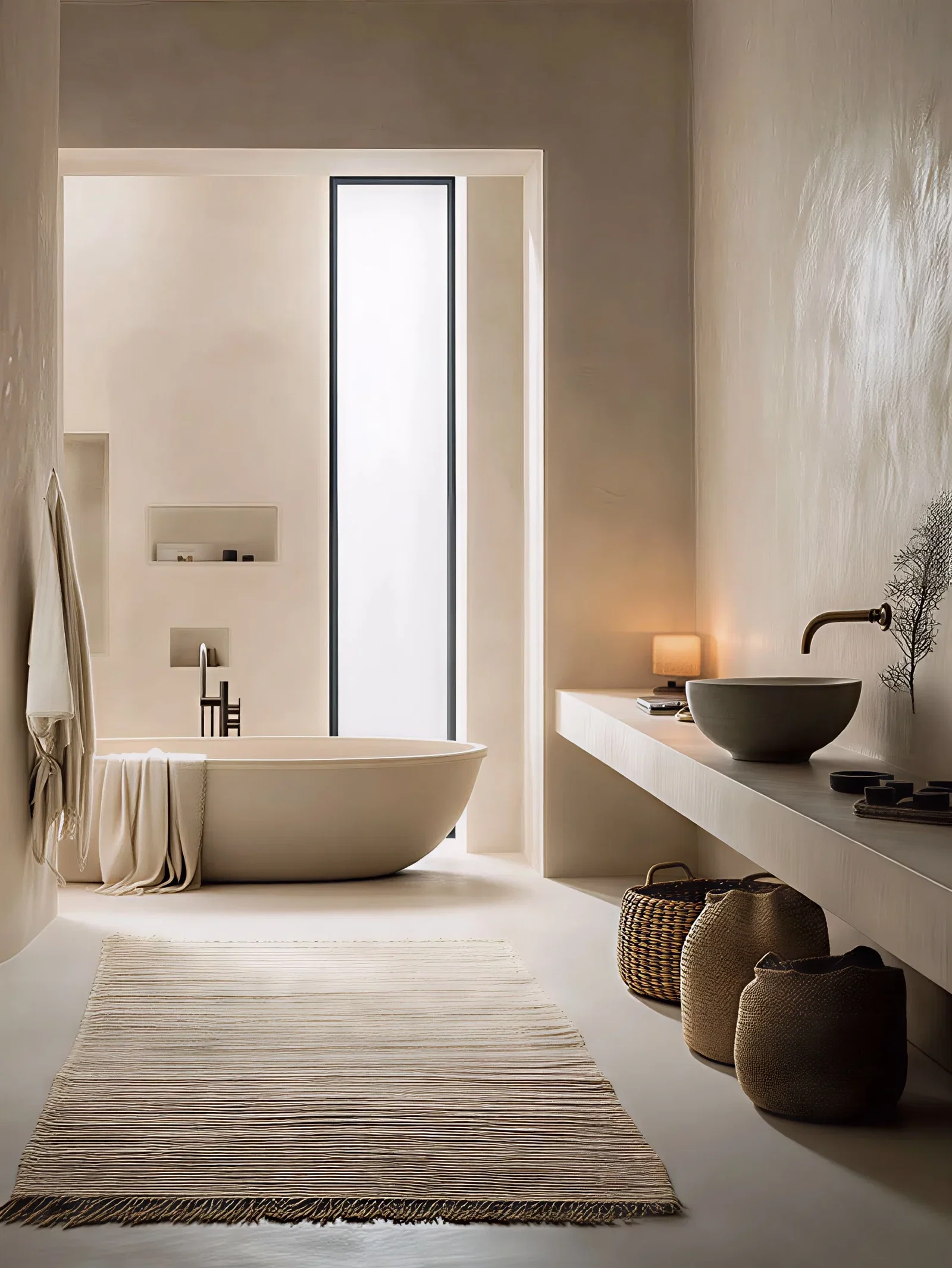 Luxe lavasteen gietvloer badkamer met vrijstaand bad en naadloze gietvloer