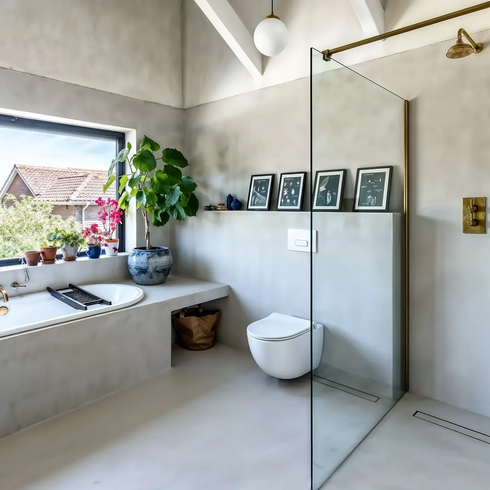 Complete microcement badkamer met bad toilet en douche in naadloos grijs microcement