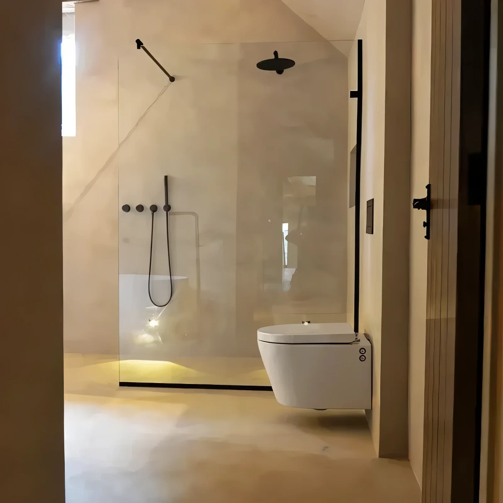 Microcement douchekoer — naadloze vloer en wanden in beige betonlook, inloopdouche