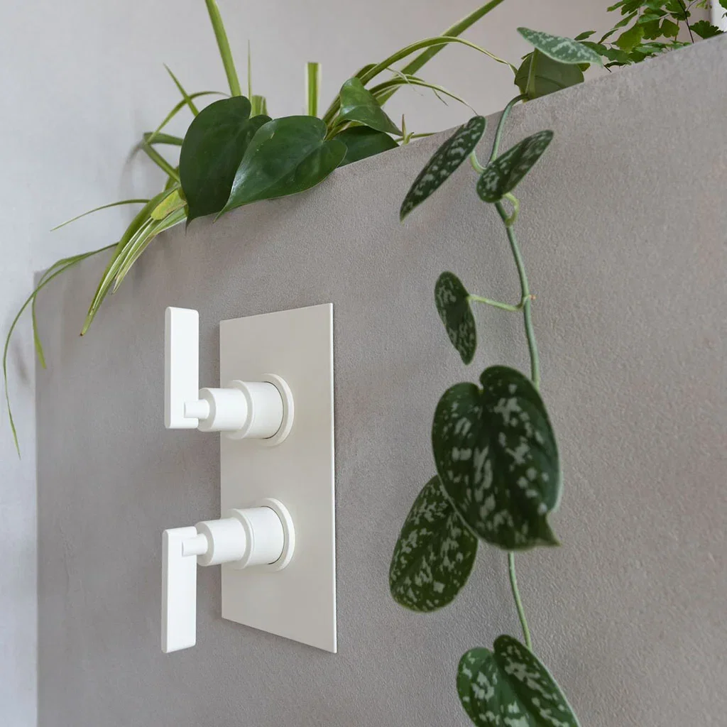 Microcement douchewand met witte kranen en groene planten