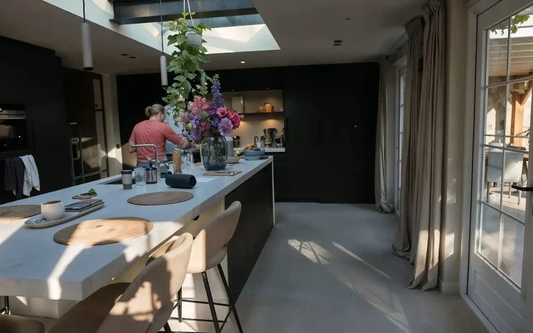 Microcement keuken naadloze vloer kookeiland modern