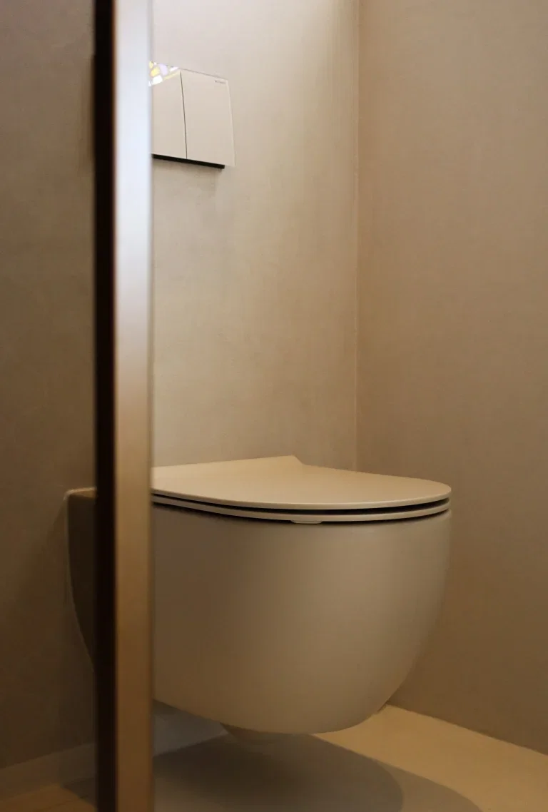 Lavasteen toilet — Microcement toiletten — Microcement toilet met naadloze wandafwerking en moderne uitstraling