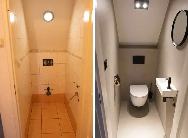 Voor en na renovatie: tegels vervangen door microcement in toilet — naadloos eindresultaat zonder sloopwerk