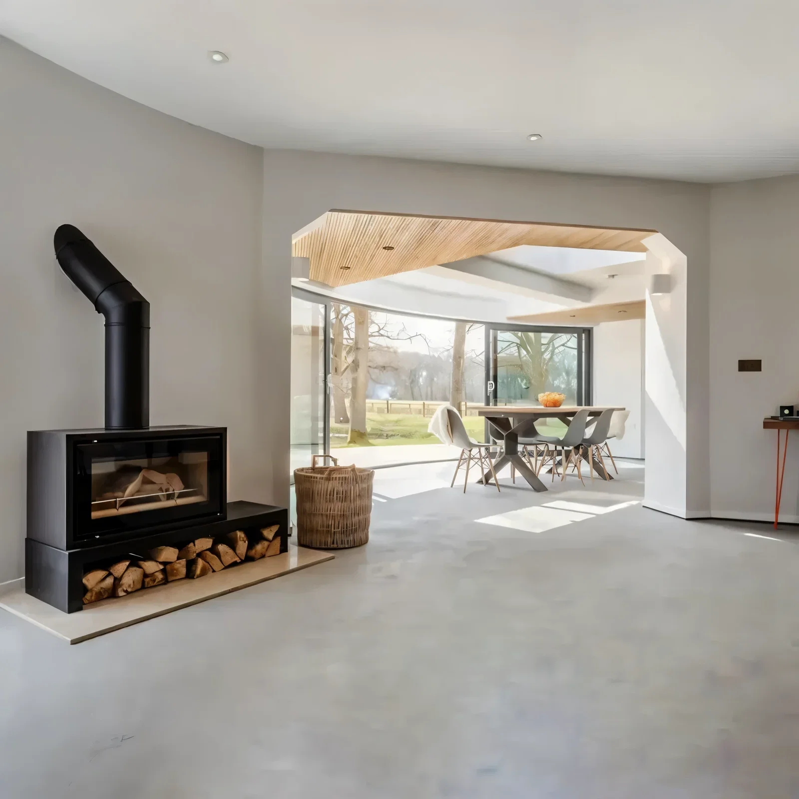 Microcement woning interieur modern — naadloze vloer in lichtgrijs met haard