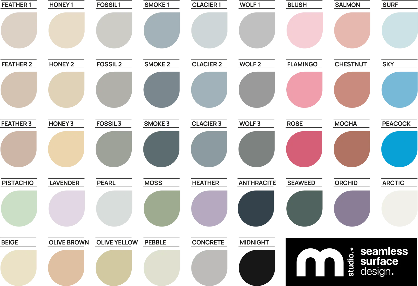 Overzicht van microcement kleurstalen — complete collectie kleursamples